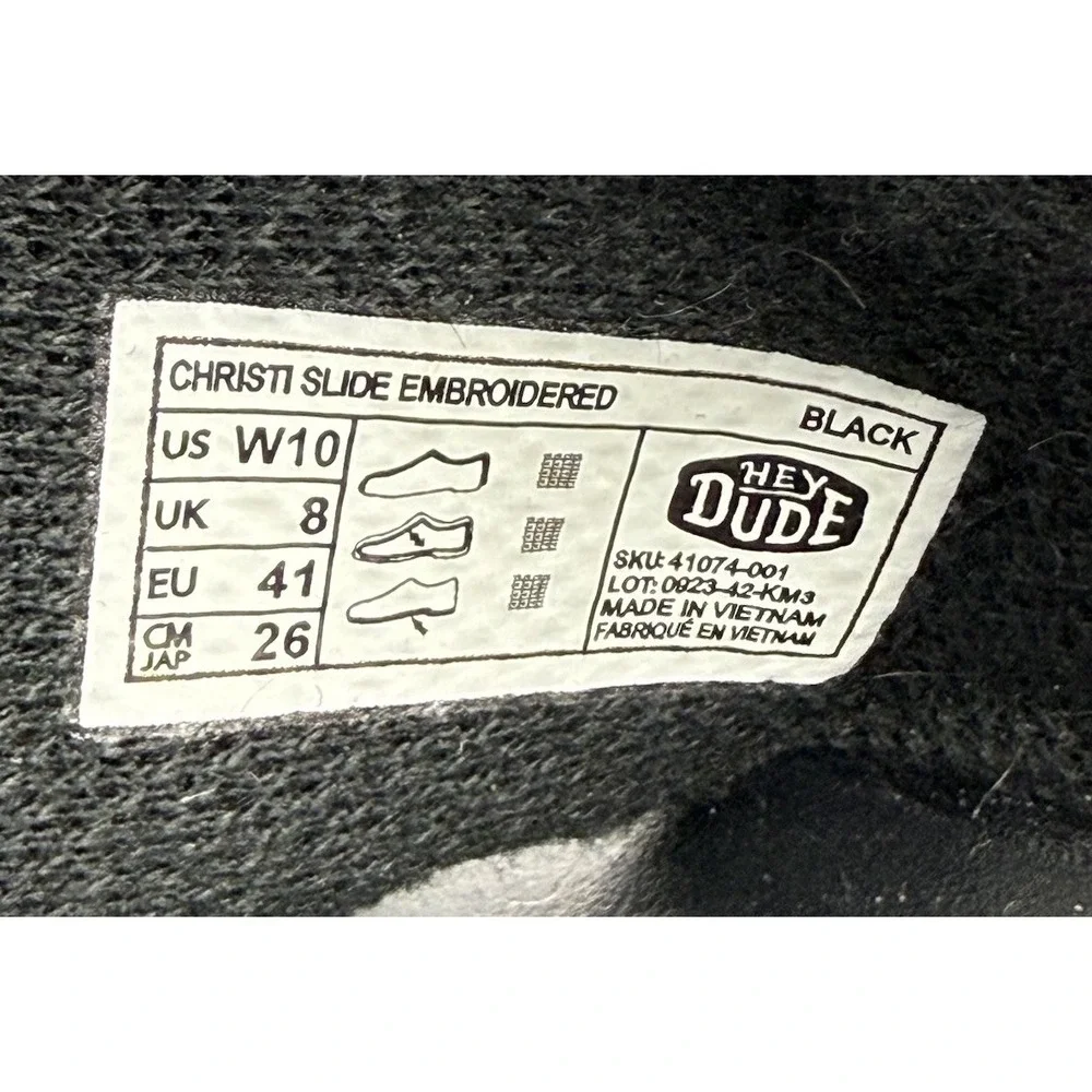 Hey Dude Christi Slides 10 Black‎ Embroidered Womens Slip On Shoes